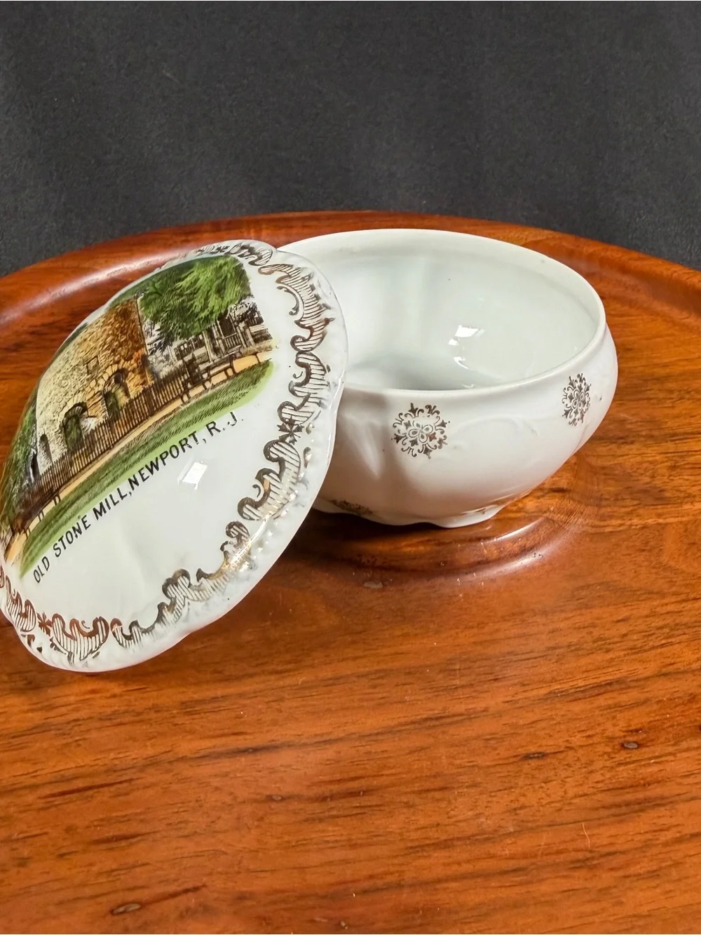 Antique Newport RI Trinket Box- Old Stone Mill Porcelain Souvenir ( 1891-1914)